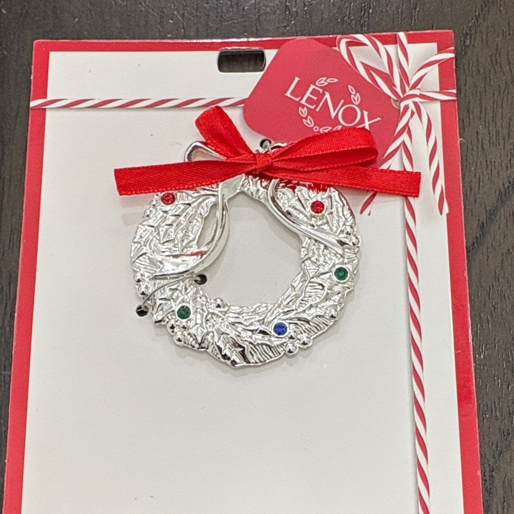 Lenox Silver Wreath Ornament with Red and Green Details
